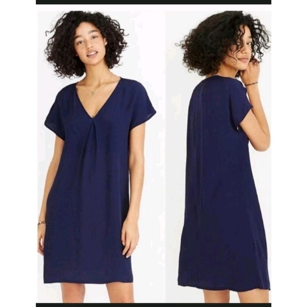 Madewell Women's Shift Dress XSmall Navy Blue Short Sleeve V-Neck Minimalist
